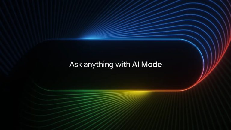 Abstract computer graphic with "Ask anything with AI Mode" in