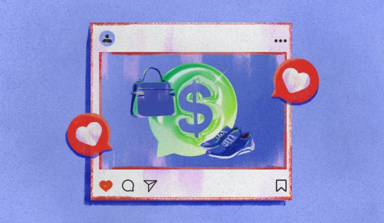 5 key trends you need to know about the creator economy Illustration of a social media post with hearts, showing a chat bubble with a dollar sign, purse, and shoe, representing how creators use automated marketing tools to monetize content.
