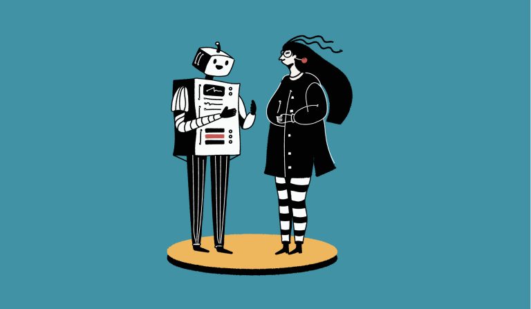 For leaders of creative teams, the initiative offers critical AI insights Illustration of a robot talking to a person.