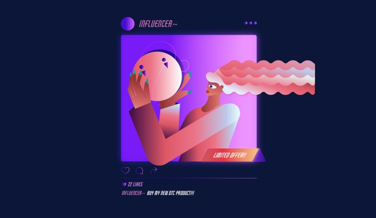 The header image features an illustration of a woman holding up a circular product in a social media post.