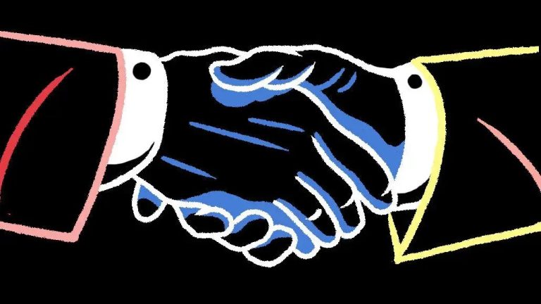 A business partnership concept illustrated by two hands in suits shaking hands, representing how publishers can build strategic vendor partnerships to drive meaningful performance.