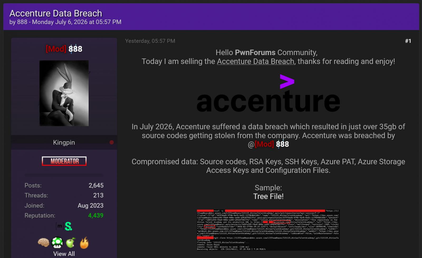 Hacker forum post attempting to sell stolen Accenture data
