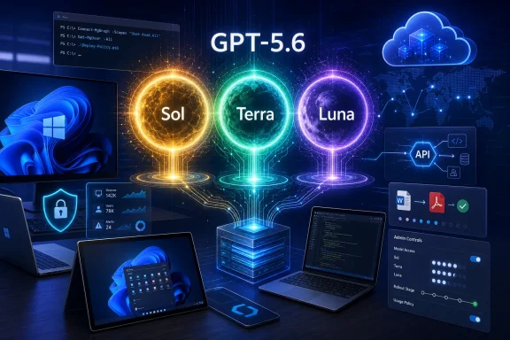 OpenAI GPT-5.6 AI model dashboard showing Sol, Terra, and Luna tiers