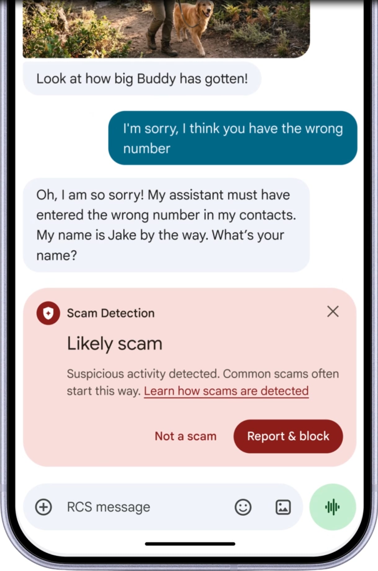 Scam alert warning shown in Google Messages on Android
