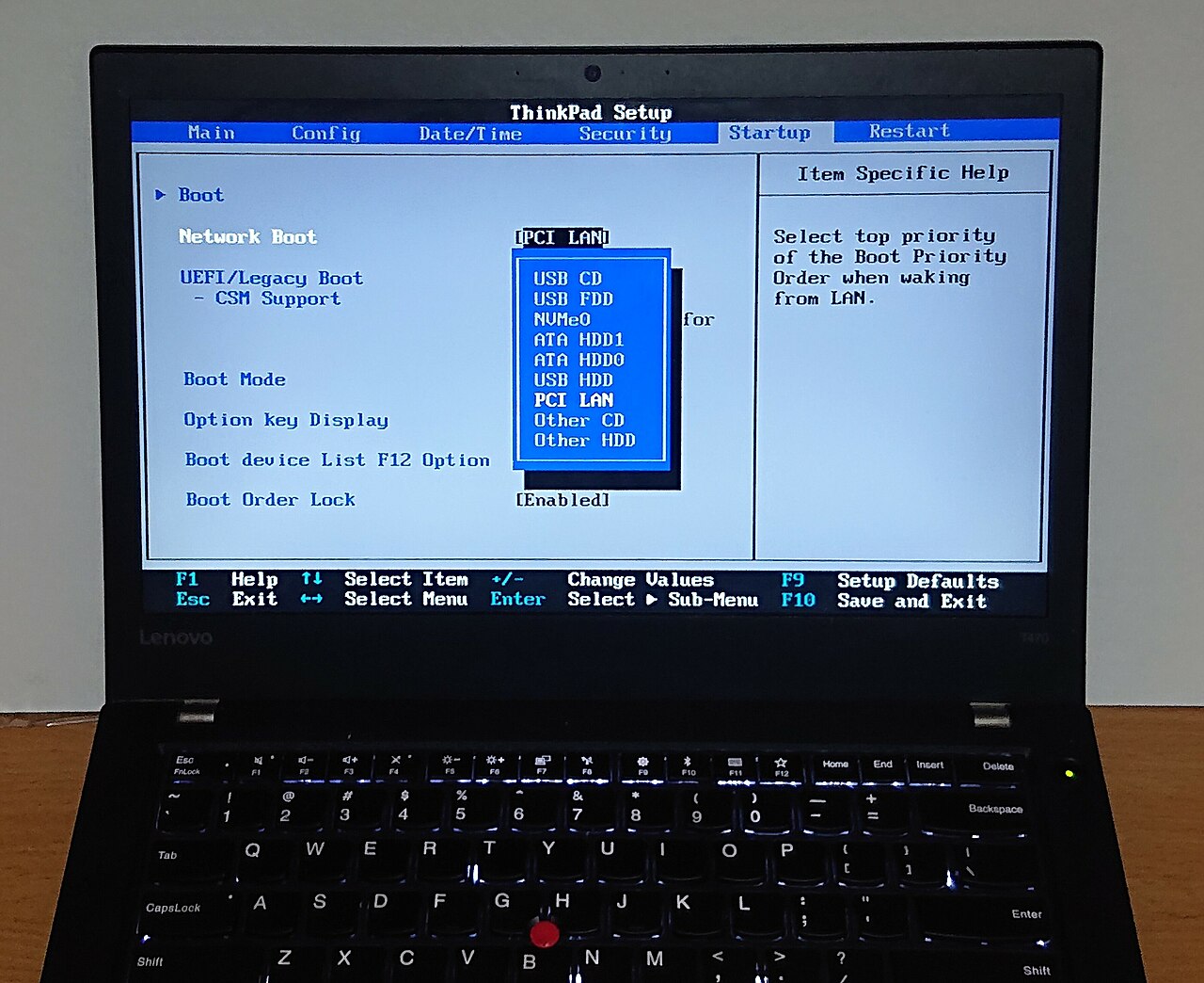 UEFI BIOS boot menu on a Lenovo ThinkPad showing firmware boot options