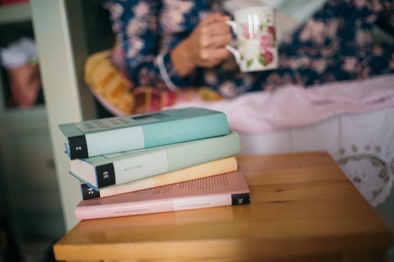 Reading nook with a stack of books