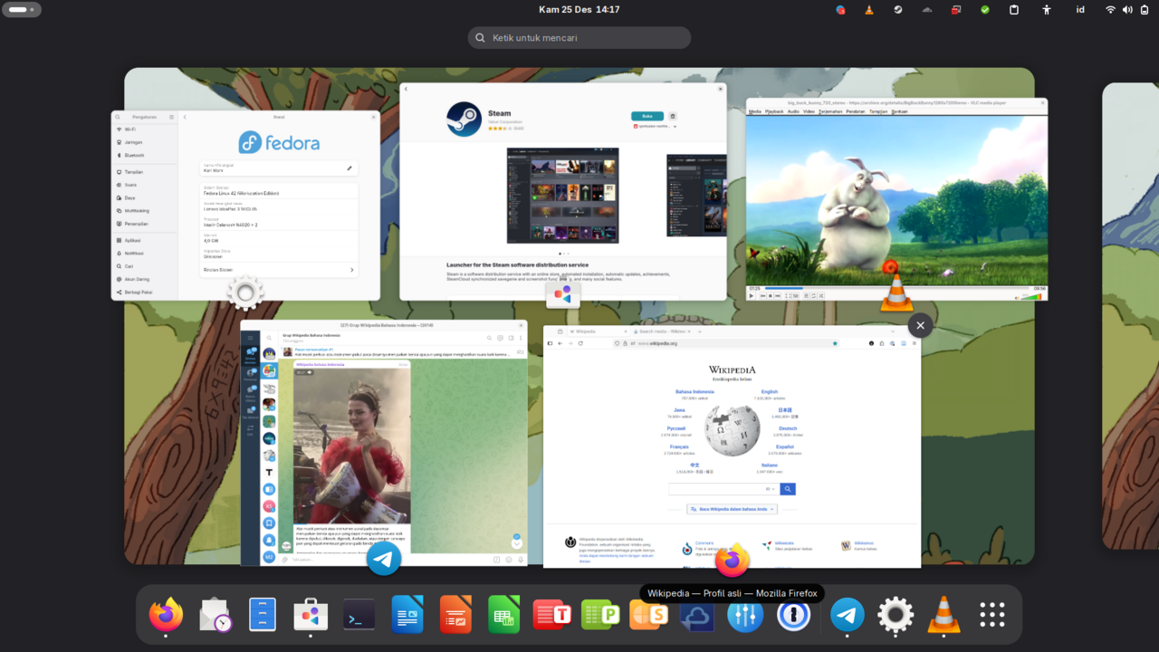 Fedora Linux Workstation desktop with the GNOME shell