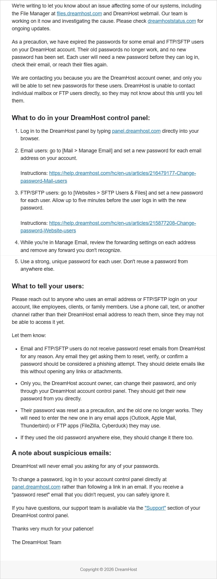 DreamHost recovery notice sent to affected account holders
