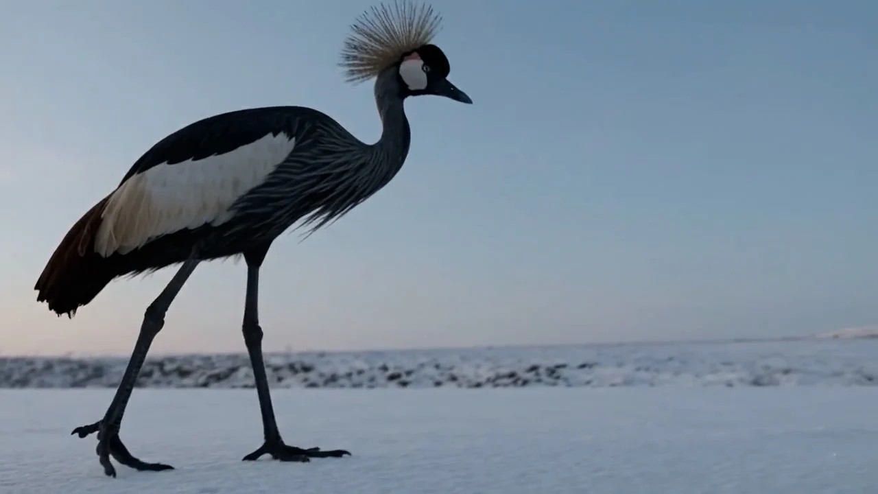 A crowned crane walking across snow in a Genie 4 generated scene