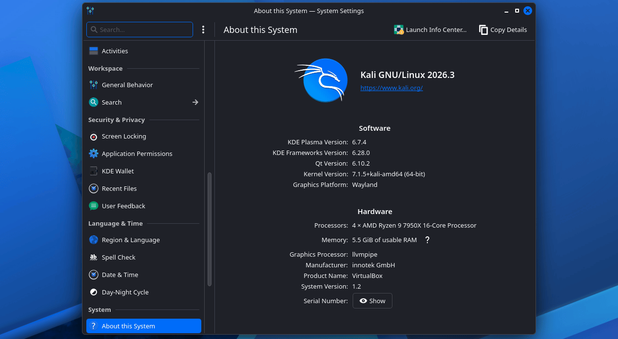KDE Plasma 6.7 desktop running on Kali Linux 2026.3