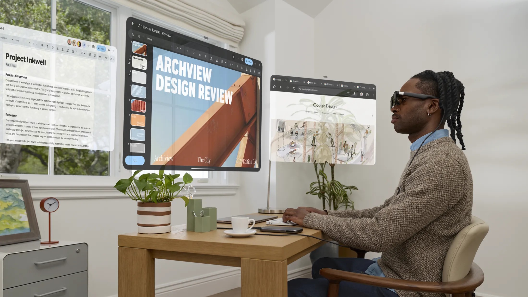 XREAL Aura Android XR glasses projecting apps in an office
