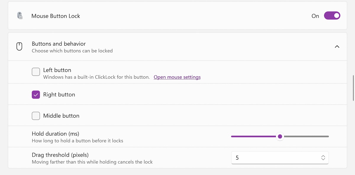 Screenshot of the new Mouse Button Lock tool in PowerToys 0.102