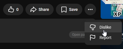 Screenshot of the YouTube dislike button moved into the overflow menu
